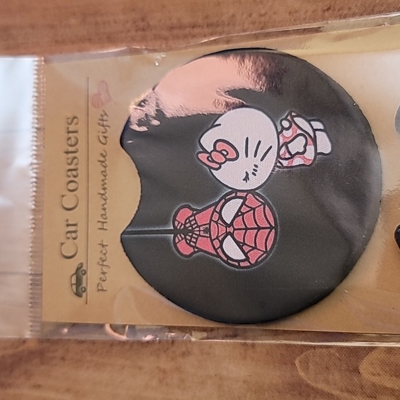 Kitty Cat and Spiderboy  Handmade Reuseable Set of 2 Car Cup Holder Coasters - Picture 3 of 4